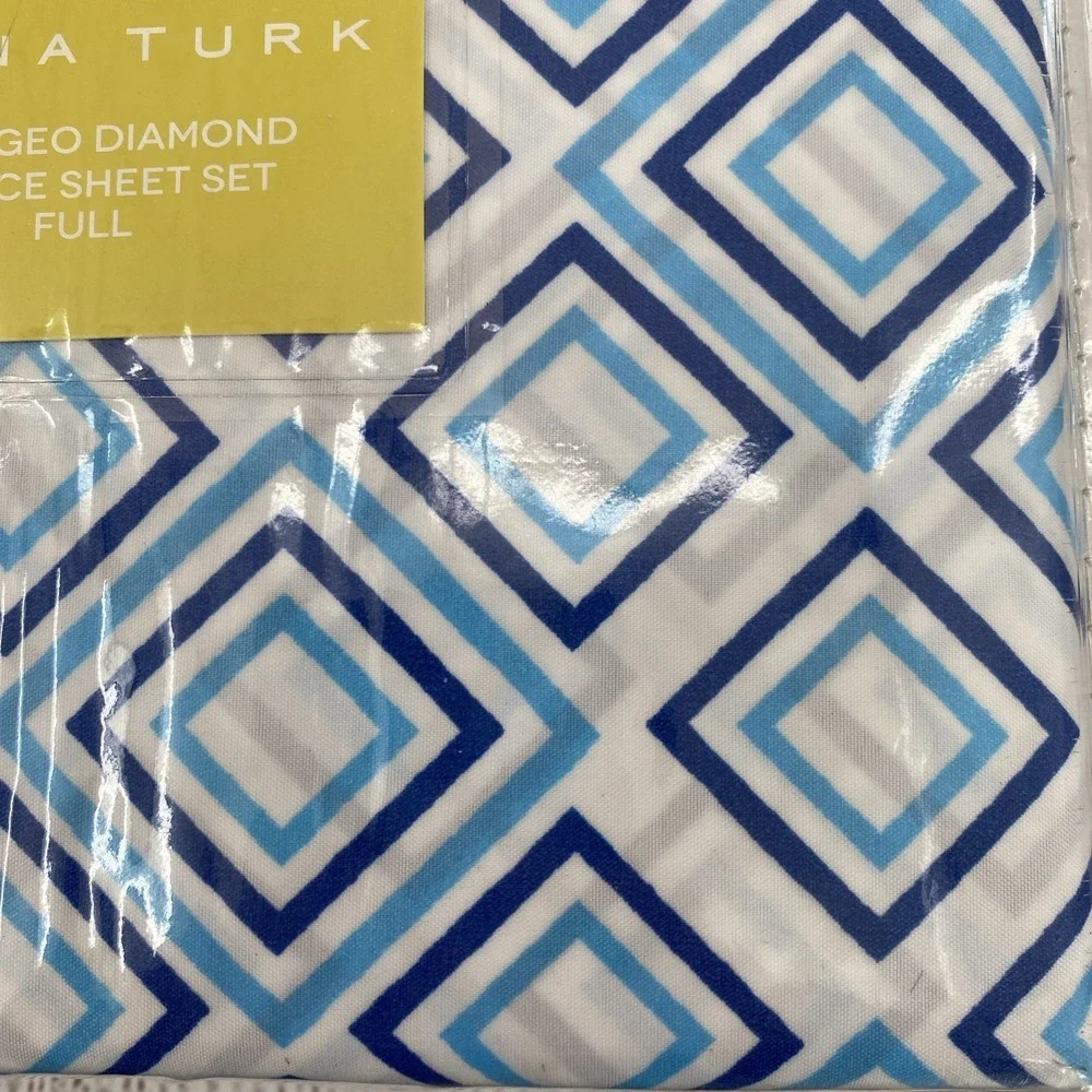 Trina Turk Sheet Set FULL White Blue Sonia Geo Diamond Geometric Colorful Modern
